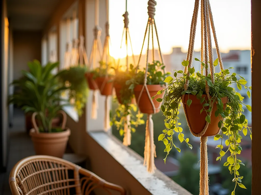 Bohemian Macramé Plant Haven - A sunlit boho-style apartment balcony at golden hour, featuring multiple cream-colored macramé plant hangers suspended from a copper tension rod between two posts. Lush cascading pothos and spider plants spill from handcrafted ceramic pots, creating an ethereal vertical garden. String lights weave between the hangers, while a comfortable rattan chair sits beneath, creating a cozy reading nook. Shot at f/2.8 with warm, natural lighting highlighting the intricate patterns of the macramé weaving and the dancing shadows of the trailing plants. Wide-angle perspective captures the entire peaceful scene while maintaining focus on the stunning vertical garden display.