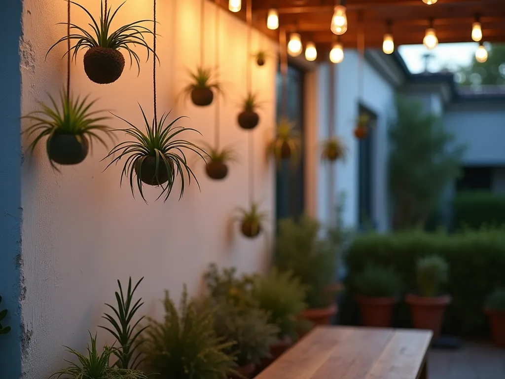 Ethereal Air Plant Hanging Display - A mesmerizing dusk photograph of a modern patio corner, featuring a dramatic display of Tillandsia air plants suspended at varying heights by nearly invisible fishing lines. The plants appear to float in mid-air against a weathered white wall, creating an artistic living installation. Soft golden hour lighting filters through the plants, casting delicate shadows, while string lights twinkle in the background. Shot at f/2.8 with shallow depth of field, focusing on the closest air plant while others gracefully blur into the background. The composition includes both Spanish moss-like air plants and geometric Tillandsia xerographica, creating a enchanting floating garden that appears to defy gravity.