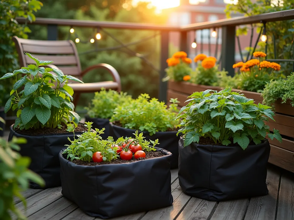 Urban Fabric Grow Bag Garden at Sunset - A cozy urban balcony garden at golden hour, featuring an artfully arranged collection of black fabric grow bags in various sizes. The bags are filled with thriving vegetables and flowers, including bushy tomato plants, cascading herbs, and vibrant marigolds. Warm sunset light filters through the foliage, casting gentle shadows on the wooden deck. Shot at f/2.8 with subtle depth of field, capturing the texture of the grow bags and the organic shapes of the plants. The composition includes a rustic wooden bench and some string lights in the background, creating an intimate garden atmosphere. The photographer's 16-35mm lens captures both the details of the individual plants and the overall garden layout, showcasing the portability and versatility of the grow bag system.