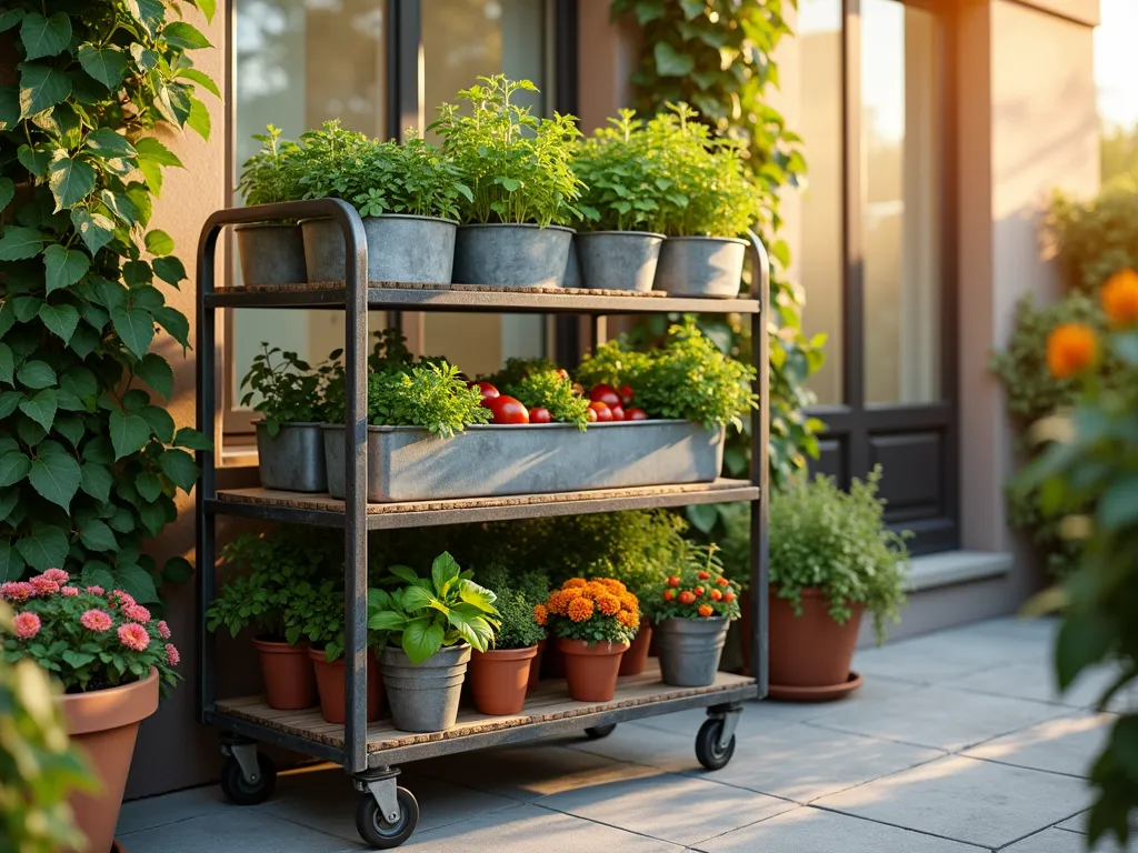 Industrial Rolling Plant Cart Garden at Sunset - A stylish industrial metal rolling cart with 3 tiers placed on a small apartment patio at golden hour. The cart features weathered metal shelving and sturdy wheels, showcasing a vibrant collection of potted herbs and compact vegetables. The top shelf displays flourishing basil, thyme, and mint in contemporary gray ceramic containers. The middle shelf houses cherry tomatoes and compact peppers in galvanized steel planters. The bottom shelf features colorful marigolds and compact succulents in terracotta pots. Soft sunset lighting filters through the plants, creating warm shadows on the patio floor. The cart is positioned against a neutral-toned wall with climbing ivy, adding depth to the composition. A gentle breeze rustles the leaves, suggesting the mobility of this urban garden solution.