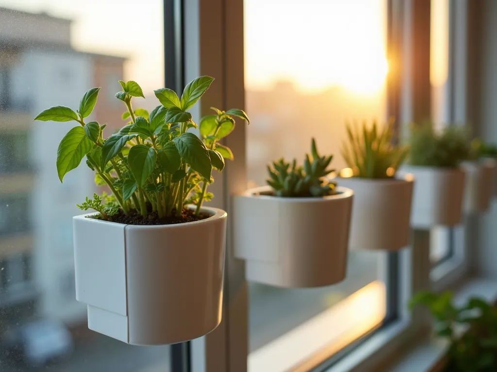 Modern Window Herb Garden with Magnetic Planters - Close-up shot of sleek, minimalist white magnetic planters attached to a metal window frame during golden hour. Fresh herbs like basil, mint, and rosemary grow vibrantly in small geometric containers. Soft natural light filters through the window, creating gentle shadows on the windowsill. Small succulents in hexagonal magnetic holders complement the herbs. The planters are arranged in an aesthetically pleasing grid pattern, showcasing the modern, space-saving design. The background shows a glimpse of an urban balcony through the window glass, demonstrating the perfect solution for small-space gardening.