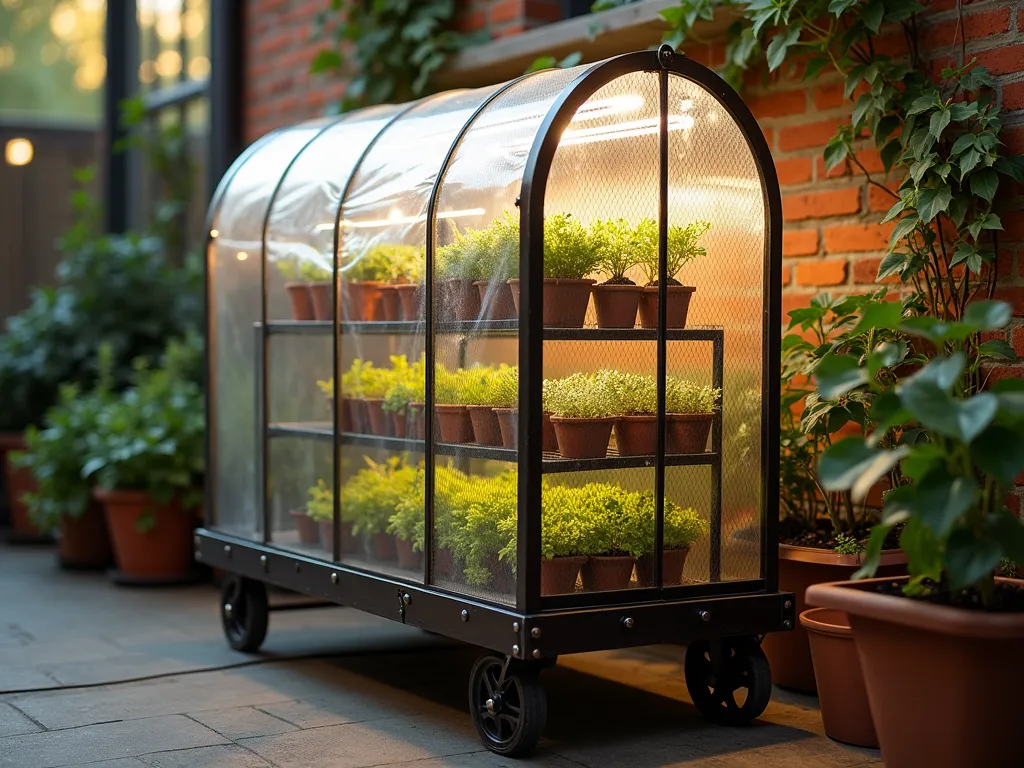 DIY Mobile Greenhouse Cart in Garden - A stylish industrial-style utility cart transformed into a mobile greenhouse, photographed during golden hour in a cozy apartment patio. The cart features three wire mesh shelves enclosed in crystal-clear plastic sheeting, creating a miniature greenhouse effect. Various potted herbs and seedlings are visible through the transparent covering, with small succulents on the top shelf, herb seedlings in the middle, and vegetable starts on the bottom. Soft evening sunlight filters through the plastic, creating a warm, inviting glow. The cart sits on sturdy wheels against a brick wall decorated with climbing ivy, demonstrating its mobility and space-saving design. Shot with shallow depth of field focusing on the cart's contents, while maintaining context of the small outdoor space. DSLR, f/8, ISO 100, 1/125s, natural lighting.