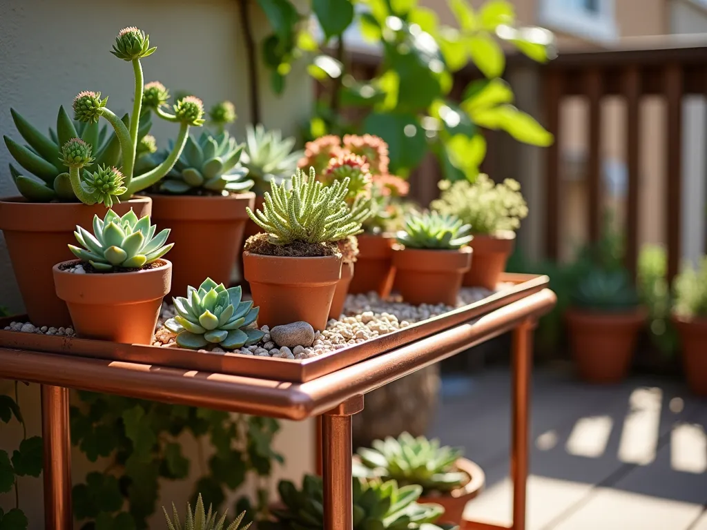 Rustic Mobile Succulent Garden Display - Close-up shot of a vintage-inspired copper metal bar cart bathed in warm afternoon sunlight on a cozy apartment patio. The cart features three levels of artfully arranged succulent gardens in terra cotta pots of varying sizes. The succulents include Echeveria, Jade Plant, and String of Pearls cascading over the edges. Small decorative rocks and desert-themed accessories accent the display. Background shows a soft-focused wooden deck railing with climbing vines, creating depth and context. The lighting creates dramatic shadows and highlights the unique textures of the succulents.