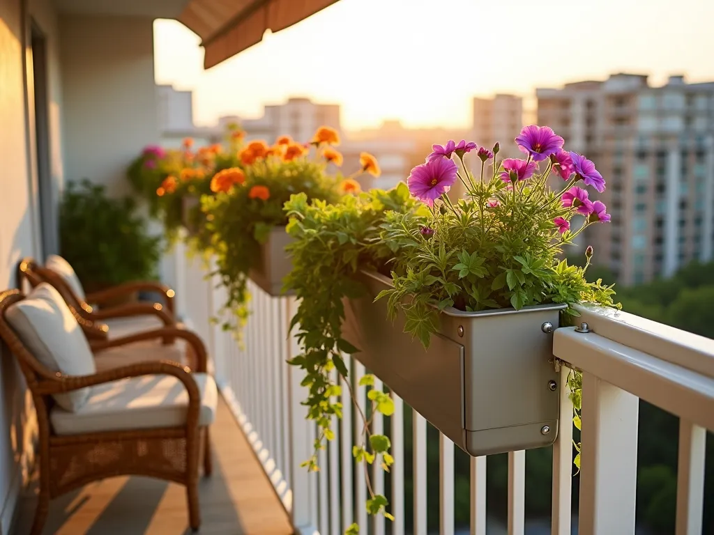 Modern Balcony Garden with Rail Planters - A sun-drenched urban balcony photographed during golden hour, featuring sleek adjustable metal rail planters mounted on white metal railings. The planters showcase a cascading arrangement of colorful flowers and herbs, including purple petunias, trailing ivy, and fresh herbs. The wide-angle shot captures the entire balcony space, with soft evening light casting warm shadows across the weatherproof containers. Various heights of plants create visual interest, while the clean, modern design of the removable planters complements the contemporary balcony setting. A comfortable rattan chair in the corner provides scale and context, shot with professional DSLR camera settings for optimal depth and clarity.