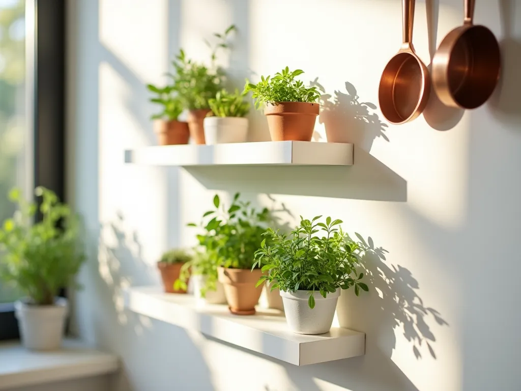 Modern Kitchen Floating Herb Garden - Close-up interior photograph of a minimalist white kitchen wall adorned with three modern white floating shelves mounted with command strips, bathed in soft morning sunlight streaming through a nearby window. Small contemporary ceramic and terra cotta pots housing vibrant herbs including basil, thyme, and mint create a living wall of greenery. The herbs cast gentle shadows on the wall, while copper cooking utensils hang nearby, suggesting a functional cooking space. Shot with shallow depth of field focusing on the fresh herbs, with a subtle bokeh effect in the background. 16-35mm lens at f/2.8, ISO 400.