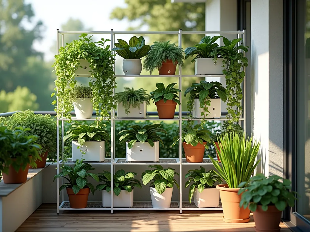 Modern Room Divider Garden Oasis - A sleek, minimalist white metal shelving unit on a sunny apartment balcony, artfully arranged with cascading pothos, peace lilies, and snake plants creating a natural privacy screen. Afternoon sunlight filters through the foliage, casting gentle shadows on the wooden deck floor. The unit features multiple levels of verdant plants in contemporary white and terra cotta pots, with some trailing plants creating elegant green waterfalls. Small solar-powered LED lights are tastefully integrated among the plants. Shot from a 45-degree angle to showcase both the dividing effect and the depth of the plant arrangement.