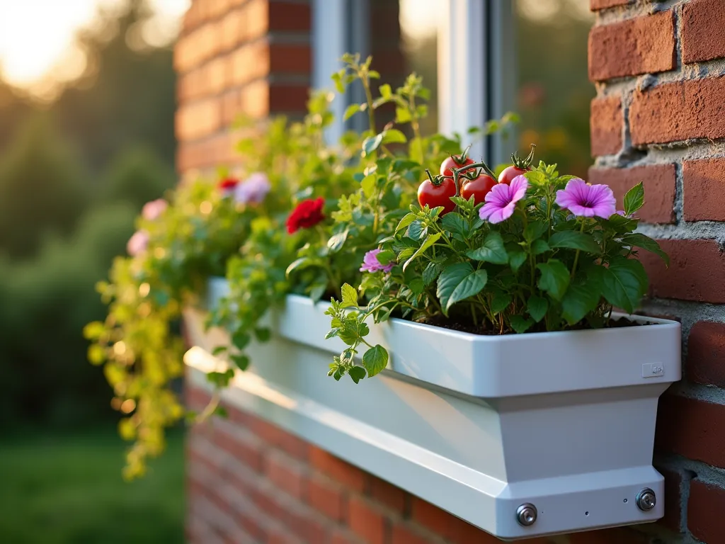 Modern Self-Watering Window Box Garden - Close-up shot of a sleek, modern white window box mounted on tension rods against a weathered brick wall, captured during golden hour. The built-in water reservoir system is partially visible through a transparent section. Lush compact vegetables and cascading flowers spill over the edges, including cherry tomatoes, trailing petunias, and fresh herbs. Soft evening light creates gentle shadows while highlighting the water level indicator and the clean architectural lines of the planter. Shot at f/2.8 with shallow depth of field focusing on the flourishing plants and smart irrigation system.