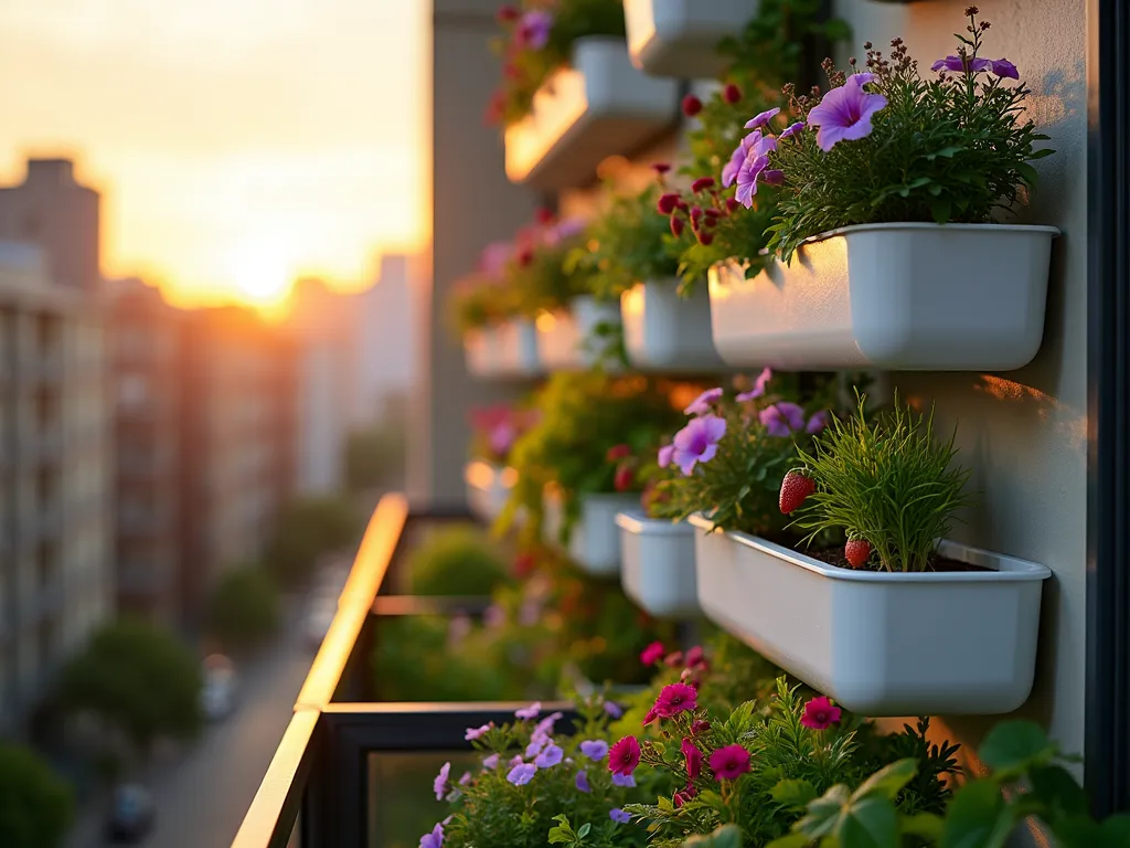 Modern Stackable Garden Tower at Sunset - A close-up shot of a sleek, modern 5-tier stackable garden system on an apartment balcony, captured during golden hour. The modular white plastic containers create an artistic vertical garden, overflowing with cascading strawberry plants, aromatic herbs, and purple petunias. Soft sunset light filters through the foliage, casting gentle shadows on the contemporary containers. Small solar-powered LED lights are integrated between tiers, creating a magical ambiance. The background shows a blurred urban setting with warm evening light, shot at f/2.8 with shallow depth of field focusing on the lush plantings.