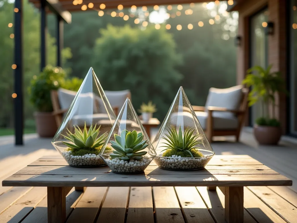 Modern Terrarium Coffee Table Setting - A close-up view of a sleek, modern glass coffee table on a cozy covered patio, featuring an artful arrangement of three geometric glass terrariums of varying sizes. The terrariums contain miniature succulent gardens with echeveria, haworthia, and air plants nestled among small white pebbles and moss. Natural afternoon sunlight filters through the glass, creating ethereal shadows on the weathered wooden deck below. The background shows blurred outdoor greenery and comfortable patio furniture, while string lights add ambient warmth to the scene. Shot with shallow depth of field focusing on the terrarium details, 8K resolution, professional lighting, DSLR, wide-angle lens