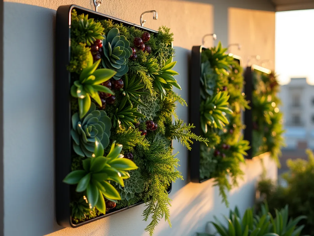 Modern Modular Living Wall Panel System - A stunning close-up shot of a contemporary modular living wall panel system mounted on an apartment balcony wall during golden hour. The panels feature a mix of trailing pothos, ferns, and small succulents arranged in a geometric pattern. The sleek black metal frames are clearly visible hanging from discrete clear hooks, emphasizing the removable nature of the installation. Soft evening light filters through the plants, creating dynamic shadows on the light-colored wall behind. The panel system appears sophisticated yet clearly temporary, with no permanent fixtures visible.