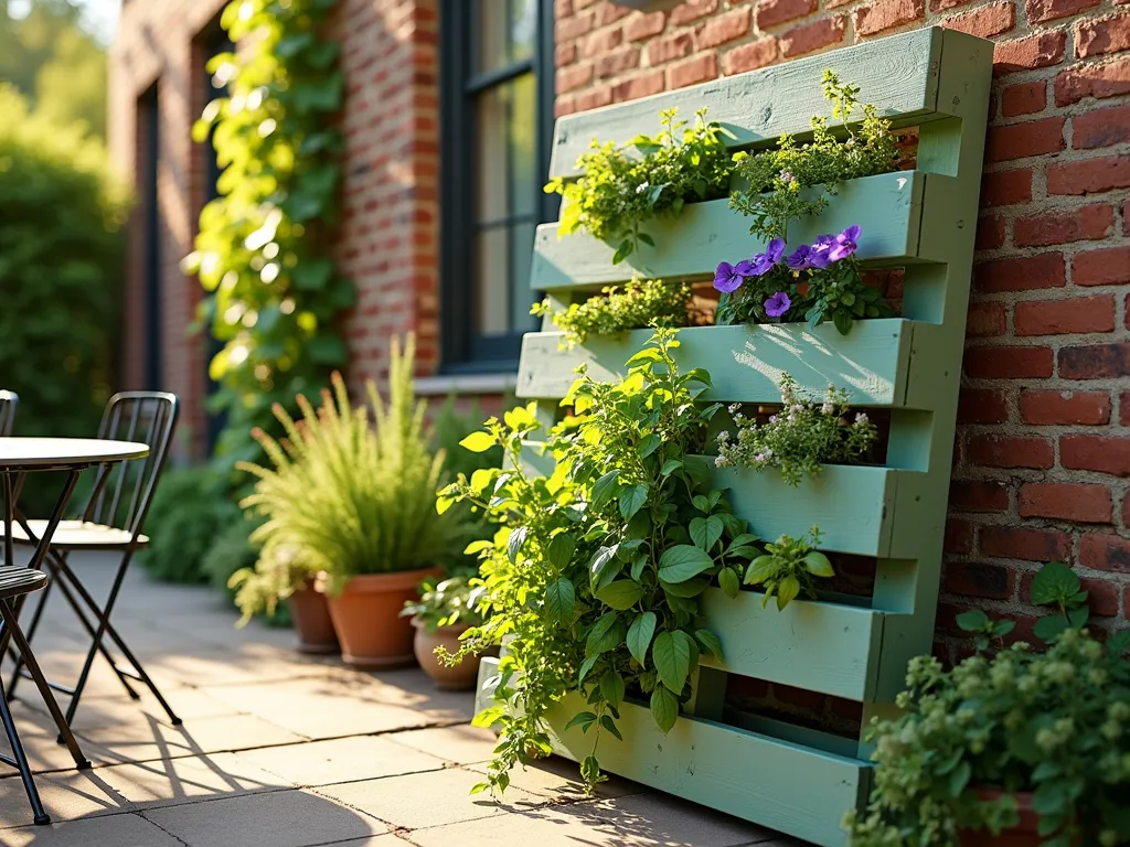 Rustic Pallet Vertical Garden at Sunset - A stunning wide-angle shot of a freestanding pallet vertical garden leaning against a weathered brick wall at golden hour. The 6-foot-tall pallet structure is painted in a soft sage green, featuring multiple tiers filled with cascading herbs and flowering plants. The modular design shows carefully lined landscaping fabric creating neat planting pockets. Trailing plants like English ivy and purple petunias spill over the edges, while compact herbs like basil and thyme fill the middle sections. Natural sunlight filters through the plants, creating dappled shadows on the patio below. Shot with shallow depth of field highlighting the lush greenery against the softly blurred background. A small bistro set nearby provides scale and context for the garden's patio setting.