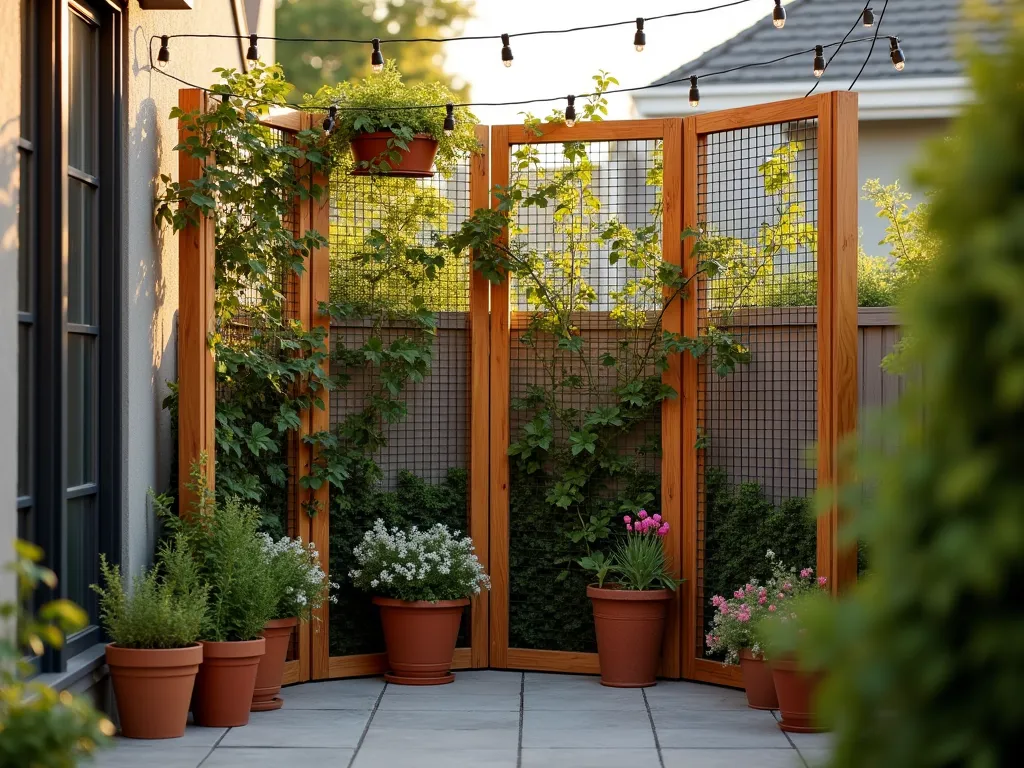 DIY Portable Garden Trellis Screen with Climbing Plants - A beautifully crafted wooden-framed portable trellis screen in a small urban patio setting during golden hour. The 6-foot tall freestanding structure features a natural wood finish with black wire mesh grid, adorned with flowering clematis and jasmine vines. Soft evening sunlight filters through the climbing plants, creating delicate shadows on the concrete patio. The modular design is clearly visible, showing how the screen can be easily disassembled. A collection of terracotta pots with various herbs sits at the base, while string lights are elegantly draped across the top, creating a cozy atmosphere. The perspective is taken at a slight angle to showcase both the structural elements and the lush plant growth, with a shallow depth of field highlighting the craftsmanship of the wooden frame.