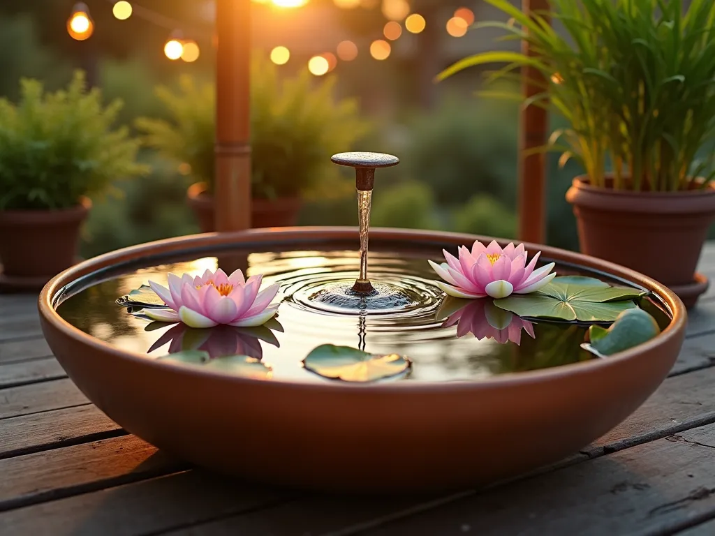 Tranquil Portable Water Garden at Sunset - A serene close-up shot of a large copper-colored ceramic container water garden on a wooden deck, captured during golden hour. The container features floating water lilies and lotus flowers in soft pink and white hues, with delicate water lettuce creating texture around the edges. A small, modern bamboo fountain creates gentle ripples across the water's surface, catching the warm sunset light. String lights hung overhead create bokeh effects in the background, while potted bamboo plants frame the scene. Shot with shallow depth of field highlighting the water's surface tension and the play of light on the ripples. The composition emphasizes the portable nature while maintaining an elegant, zen-like atmosphere.