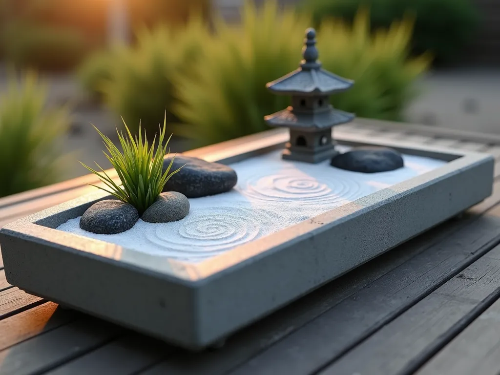 Tranquil Portable Zen Garden - A close-up DSLR shot of an elegant rectangular concrete container housing a meticulously arranged miniature Zen garden, captured during golden hour. Fine white sand is perfectly raked in circular patterns, complemented by carefully placed dark river rocks and small air plants. A single compact Japanese Forest Grass provides a gentle green accent, while a miniature stone pagoda creates a focal point. The container sits on a modern wooden deck, with soft, diffused sunlight casting subtle shadows across the sand patterns. The composition emphasizes the meditative qualities and portable nature of the garden, with shallow depth of field highlighting the textural details of the sand and stones. Shot with a wide-angle lens at f/8, ISO 100, creating a perfect balance of detail and atmosphere.