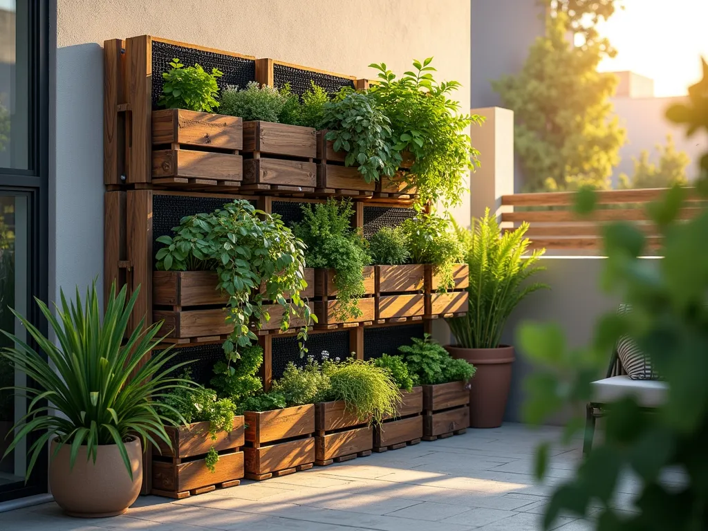 Rustic Wooden Crate Garden Wall - A cozy urban patio corner at golden hour, featuring a stunning modular garden wall made from weathered wooden crates stacked 3-high and 4-wide. Each crate is lined with black landscaping fabric and filled with cascading herbs, flowering plants, and succulents. Soft evening sunlight filters through the plants, creating gentle shadows on the patio floor. The portable garden system is styled against a neutral wall, with some potted plants at the base. Shot with shallow depth of field focusing on the lush greenery spilling from the crates, capturing the rustic texture of the wood and the organic arrangement of the plants. Professional DSLR photo with natural lighting, f/8, ISO 100, 1/125 sec.