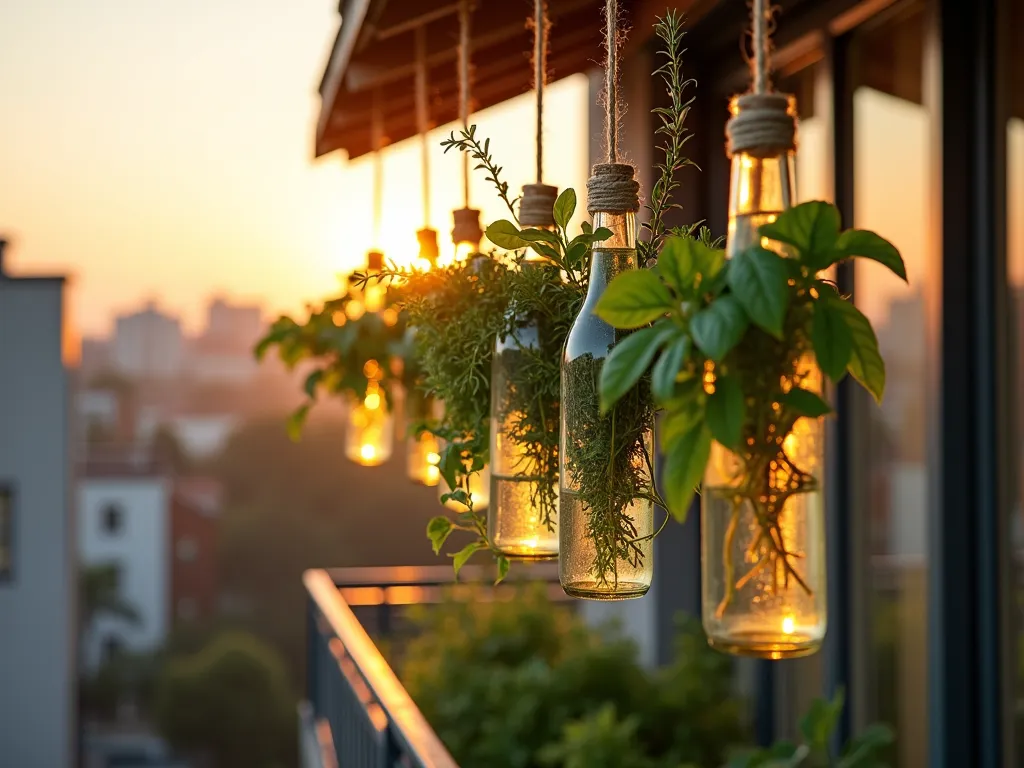 Suspended Herb Bottle Garden at Sunset - A close-up DSLR photo of an artistic suspended herb garden on a cozy apartment balcony at golden hour. Multiple clear and green-tinted glass bottles hang at varying heights from a wooden beam, connected by natural twine in a cascading arrangement. Fresh herbs including basil, mint, and thyme spill out from the bottles, catching the warm evening light. The bottles are secured to minimalist white removable hooks, with the sunset creating a soft bokeh effect in the background. Captured with a shallow depth of field highlighting the sustainable garden design against a blurred urban landscape.