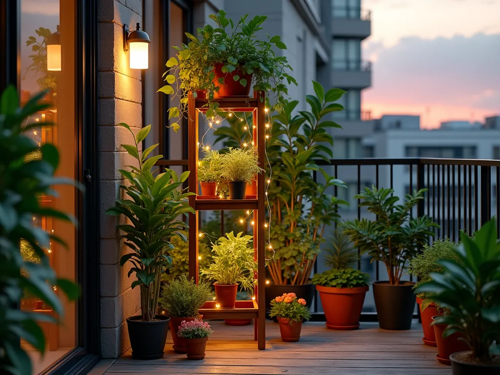 Modern Tiered Plant Stand Garden Display at Sunset - A stunning dusk scene of a modern wooden tiered plant stand on a contemporary apartment balcony, featuring multiple levels of lush potted plants. The 6-foot tall stand showcases cascading pothos, vibrant monstera deliciosa, and colorful succulents arranged at varying heights. Soft golden hour lighting filters through the foliage, casting gentle shadows on the weathered wood decking. String lights weave between the plants, creating a cozy atmosphere. The freestanding display is positioned against a blurred urban backdrop, demonstrating a perfect renter-friendly garden solution. Shot from a three-quarter angle to capture both the vertical arrangement and depth of the plant display, photorealistic, 4K quality.