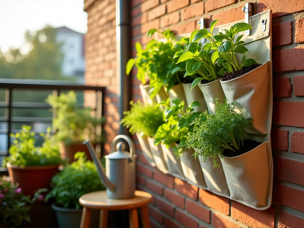 DIY Vertical Herb Garden Using Shoe Organizer - A sunlit apartment balcony featuring a lush vertical herb garden created from a beige canvas shoe organizer, mounted on a warm-toned brick wall with sleek removable hooks. The organizer's pockets burst with vibrant herbs including basil, thyme, mint, and parsley, creating a living tapestry of varying green hues. Shot during golden hour, with natural sunlight casting gentle shadows across the textured wall. The composition includes a close-up view of individual herb-filled pockets, showing rich soil and healthy growth, while maintaining depth of field to capture the entire vertical garden installation. A small rustic wooden stool nearby holds gardening tools and a vintage watering can, adding context and charm to the scene. Photographed with professional clarity showing the practical yet aesthetic nature of this renter-friendly solution.