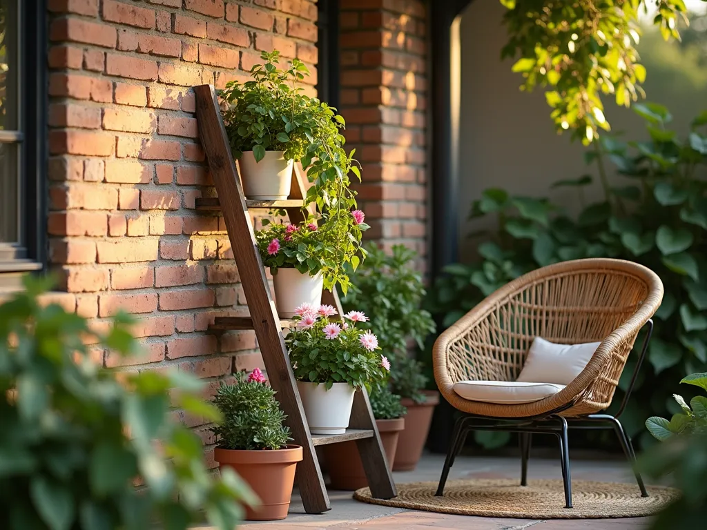 Vintage Ladder Garden Display at Sunset - A rustic wooden ladder leans elegantly against a weathered brick wall on a cozy patio, captured during golden hour. The ladder's rungs showcase a cascading arrangement of potted plants including trailing pothos, flowering petunias, and compact succulents. Soft sunset light filters through the foliage, creating gentle shadows on the wall. The ladder is styled with vintage terra cotta pots and white ceramic planters of varying sizes. A comfortable rattan chair sits nearby, with a natural jute rug underneath. Shot with shallow depth of field focusing on the central plant arrangement, with bokeh effect in background. DSLR photo, f/8, ISO 100, 1/125s, natural lighting.