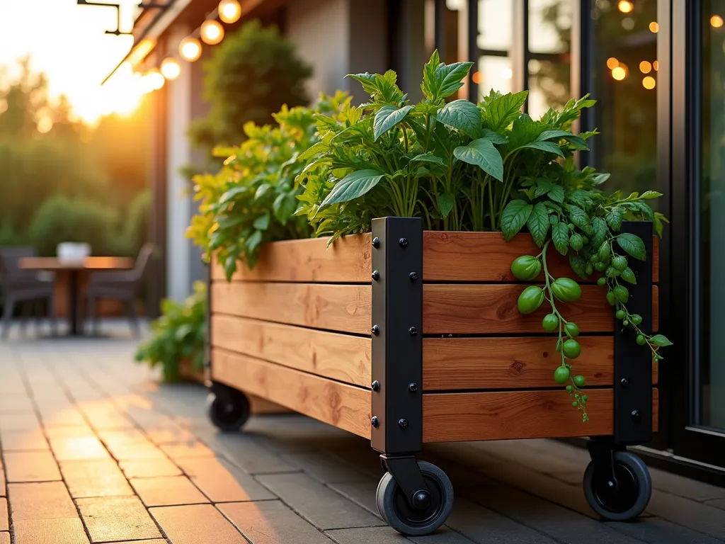 Modern Mobile Garden Box at Sunset - A stunning close-up shot of a contemporary large wooden planter box on industrial-style black wheels, positioned on a cozy apartment patio at golden hour. The planter features a thriving mix of vegetables and herbs cascading over its edges, including trailing tomatoes, bushy basil, and colorful Swiss chard. The warm sunset light filters through the foliage, creating dramatic shadows on the natural cedar wood. The planter's wheels are visible but elegantly integrated into the design, with sleek metal brackets. The background shows a blurred modern patio setting with string lights, suggesting an urban garden space. Photorealistic, high detail, warm lighting, architectural photography style.