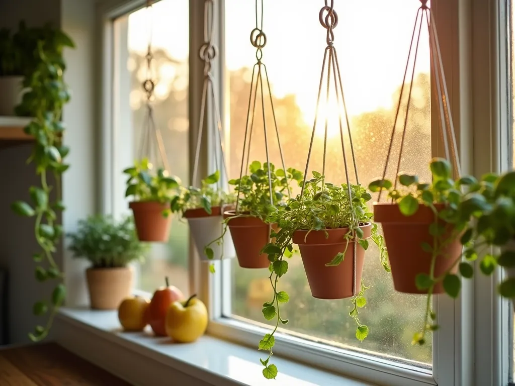 Window Frame Tension Rod Herb Garden - A sunlit kitchen window frame with multiple white tension rods creating an elegant vertical garden system, photographed during golden hour. Small terracotta and white ceramic planters suspended by silver S-hooks hang at varying heights, filled with cascading herbs and compact plants. Fresh basil, mint, and trailing ivy create a living curtain effect against the natural light. Soft shadows cast intricate patterns on the windowsill below. Shot with shallow depth of field focusing on the center plants, captured with professional DSLR camera settings: f/8, ISO 100, 1/125s. The scene showcases a modern, minimalist approach to indoor gardening with a clean, rental-friendly design.