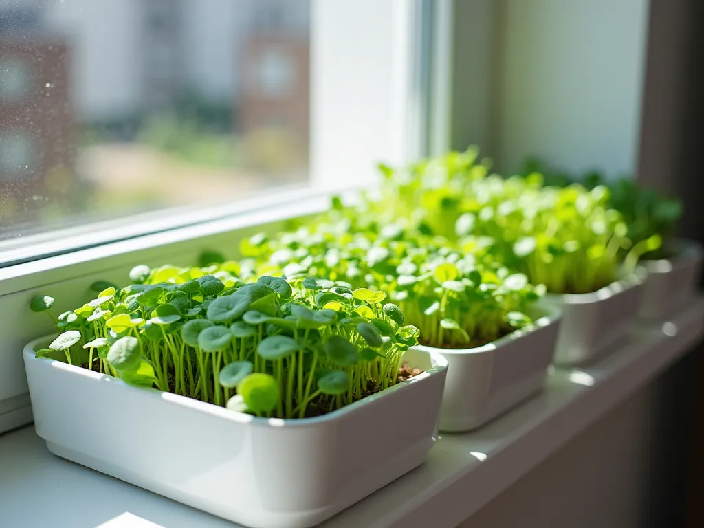 Sunlit Windowsill Microgreens Garden - Close-up DSLR shot of a modern, minimalist windowsill microgreens setup bathed in soft morning light. Multiple sleek, white shallow trays arranged neatly on a pristine white windowsill, filled with vibrant green microgreens at different growth stages. Emerald shoots of pea, radish, and sunflower microgreens create a tapestry of varying heights and textures. Crystal-clear water droplets glisten on tender leaves, while natural sunlight streams through the window creating subtle shadows. Clean white walls frame the scene, with a blurred urban garden view visible through the window. Professional photography with precise focus on the microgreens' delicate details, showcasing the space-efficient and removable nature of the setup.