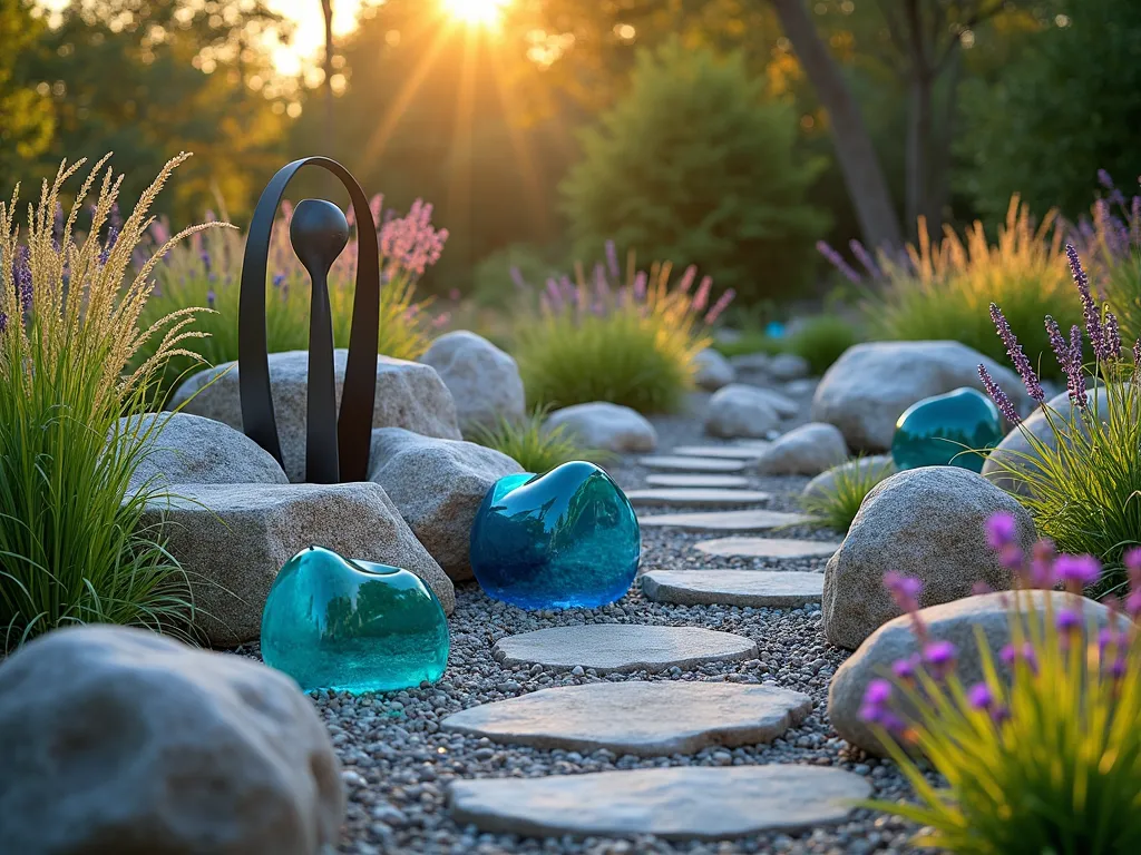 Modern Rock Garden Art Installation with Glass Features - A serene rock garden featuring a contemporary metal sculpture emerging from a thoughtfully arranged collection of smooth river rocks and boulders. Artistic blue and turquoise glass installations are scattered among the rocks, catching sunlight. Japanese forest grass and wispy ornamental grasses soften the edges, while purple salvia adds color. The composition is photographed during golden hour, with sunlight creating magical reflections through the glass elements. Photorealistic, high-end landscape photography style, f/8, soft natural lighting