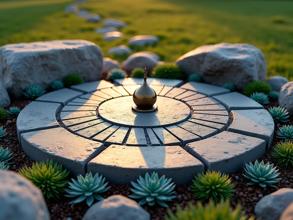 Artistic Rock Garden Sundial Installation - A professional landscape photography of an elegant stone sundial centerpiece in a rock garden, shot during golden hour. The sundial is made of aged bronze, surrounded by concentric circles of flat slate stones marking the hours. Low-growing blue-green sempervivum and sedum succulents create a living carpet between carefully placed rocks. Two weathered granite boulders frame the installation, with soft shadows casting across the scene. The composition is enhanced by morning dew drops glistening on the succulents, creating a magical atmosphere. Photographed from a slightly elevated angle to showcase the circular design. 8k resolution, highly detailed.