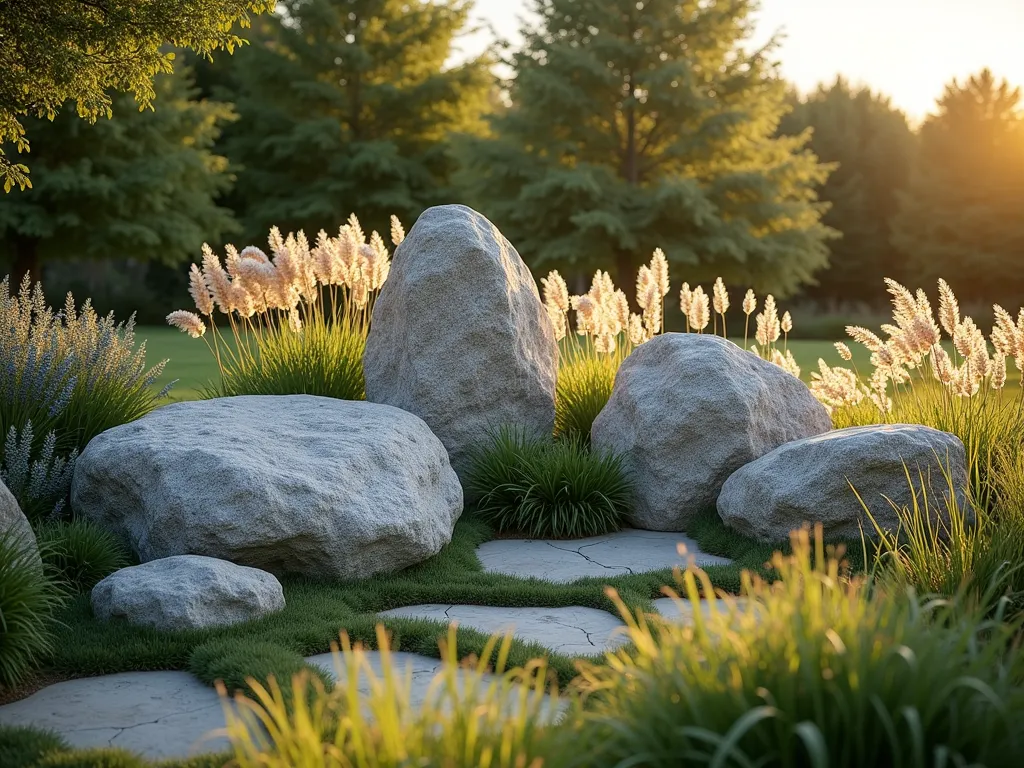 Zen-Inspired Boulder and Grass Garden - A serene garden landscape featuring massive natural granite boulders arranged artistically among swaying ornamental grasses. Large weathered boulders in varying sizes create dramatic focal points, while clusters of tall feather reed grass and blue fescue grass dance in the breeze around them. The grasses catch golden sunlight, creating a soft, ethereal atmosphere. Shot during golden hour with dramatic lighting that highlights the texture of both stones and grasses. Photorealistic, wide-angle composition with shallow depth of field, 8k resolution.