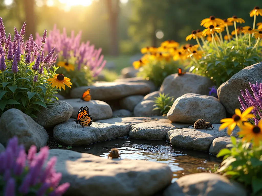 Butterfly Rock Garden Haven - A sunlit natural rock garden with large flat stones arranged organically, surrounded by vibrant purple coneflowers, pink butterfly bush, and yellow black-eyed susans in full bloom. Butterflies rest on sun-warmed rocks while bees hover around the flowers. A small natural stone water basin sits nestled among the rocks, with tiny water droplets catching the sunlight. The scene is captured during golden hour, creating a dreamy, enchanted atmosphere with soft natural lighting. Photorealistic style, high detail, shallow depth of field.