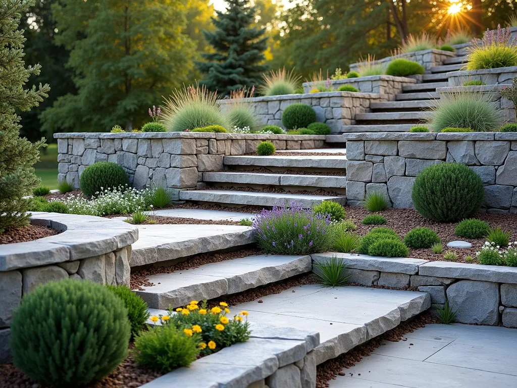 Cascading Rock Garden Terraces - A serene terraced rock garden with natural stone walls creating multiple levels, photographed in warm evening light. Grey and earth-toned stones form elegant retaining walls with varied heights. Drought-resistant plants and alpine flowers spill over the edges, including purple aubrieta, white candytuft, and yellow sedum. The well-organized beds showcase a mix of textures with small evergreen shrubs and ornamental grasses. Tiny succulents peek between rocks, creating a natural, established look. Photorealistic, high detail, soft natural lighting, f/8, 35mm lens.