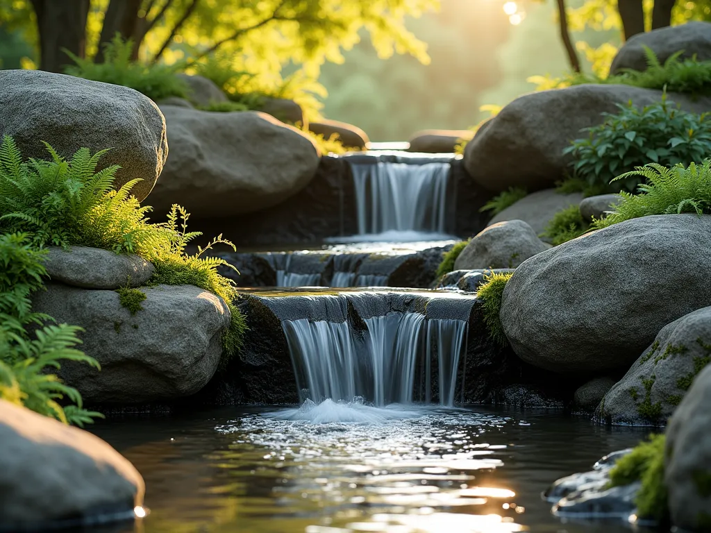 Tranquil Multi-Tiered Rock Waterfall Garden - A serene photorealistic landscape featuring a natural stone waterfall cascading over multiple rocky tiers in a garden setting, shot during golden hour. Crystal-clear water flows gracefully over moss-covered granite boulders of varying sizes, creating small, reflective pools at different levels. Delicate maidenhair ferns and emerald moss grow along the edges, their fronds gently swaying in the mist. Dappled sunlight filters through overhead trees, highlighting the water droplets and creating a magical atmosphere. The composition shows depth and scale, with larger rocks at the base and smaller stones carefully arranged above, all in natural earth tones of gray, brown, and charcoal.