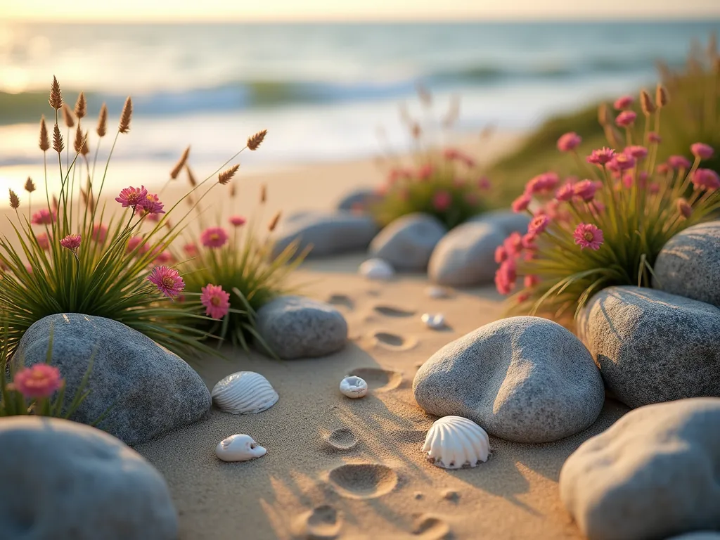 Serene Coastal Rock Garden with Driftwood - A tranquil coastal rock garden photographed in warm evening light, featuring weathered gray and tan rocks of varying sizes nestled in fine golden sand. Maritime plants including vibrant pink sea thrift flowers and flowing beach grass sway gently between the stones. Artistic placement of bleached driftwood pieces and delicate seashells complete the natural beach aesthetic. Soft bokeh effect in background, photorealistic, 32k quality, architectural photography style.