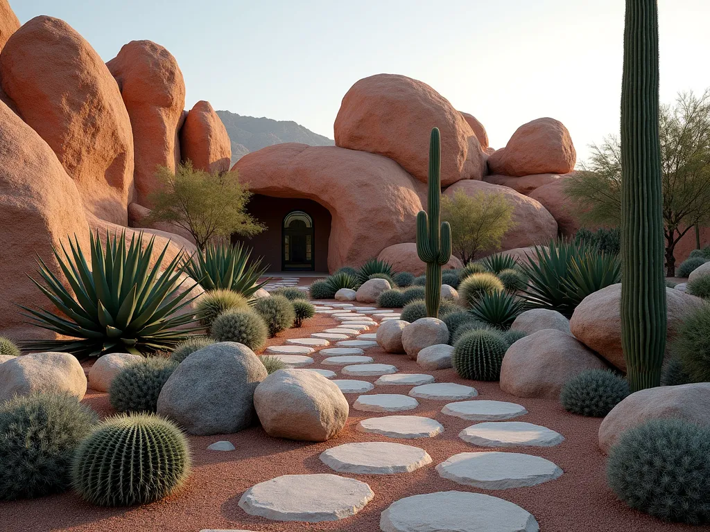 Desert Rock Garden with Dramatic Succulents - A stunning desert rock garden landscape featuring massive red sandstone boulders and slate gray rocks arranged naturally, with elegant Agave americana and tall Yucca plants creating dramatic silhouettes. Clusters of diverse desert succulents in varying sizes and shapes nestled between rocks. Soft golden evening light casting long shadows across the garden, highlighting the textural contrast between smooth stones and spiky plants. Photorealistic, high detail, architectural composition, 4K quality.