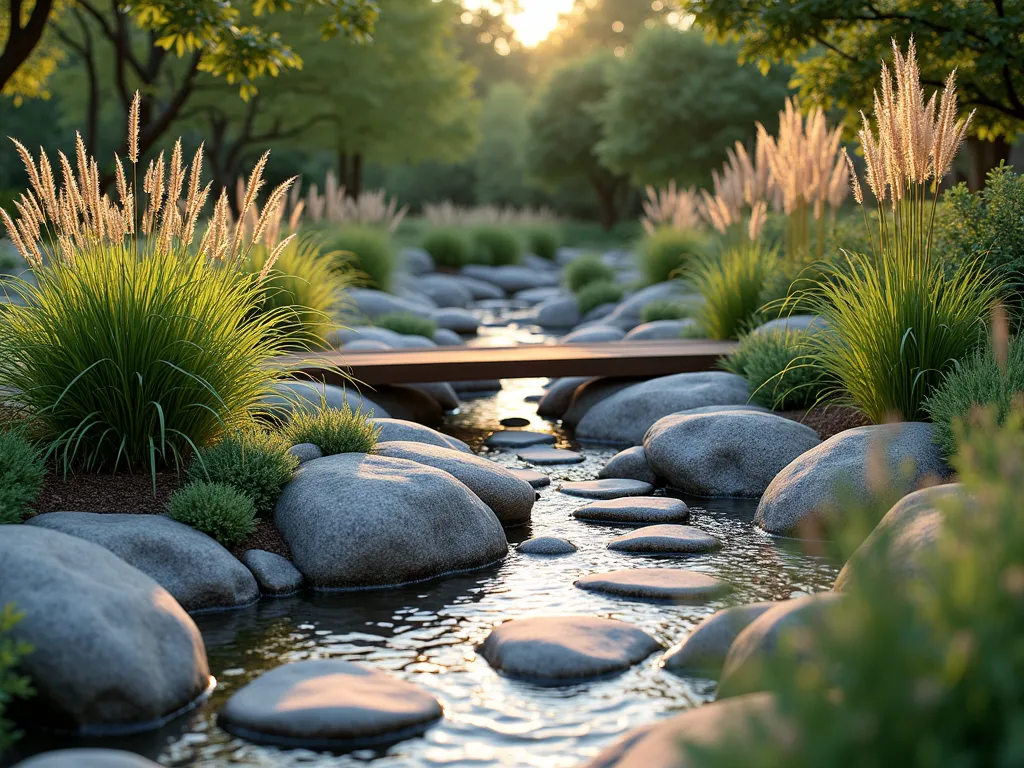 Serene Dry Stream Rock Garden - A professionally landscaped dry stream bed winding through a garden, with smooth gray and brown river rocks gradually decreasing in size from edges to center, creating a natural water flow pattern. Decorative wooden footbridge crossing the rock stream. Graceful ornamental grasses like fountain grass and maiden grass sway along the curved edges, casting gentle shadows. Natural flat stepping stones provide a path across the stream. Ambient garden lighting, soft sunlight filtering through trees, creating a peaceful, zen-like atmosphere. Photorealistic, high detail, landscape architecture photography style.