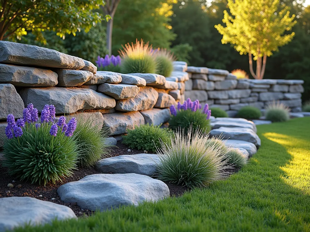 Flowing Stone Wave Garden Wall - A professional landscape photograph of an elegant curved stone wall with an undulating wave pattern, created from stacked flat gray and rustic stones. Cascading purple campanula and silvery dichondra spill gracefully from spaces between the rocks. Golden evening sunlight highlights the wall's artistic curves, casting gentle shadows. The foreground features a thoughtfully designed rock garden with cushion plants and ornamental grasses, while the wave wall serves as a sculptural backdrop. Photorealistic, high detail, soft natural lighting.