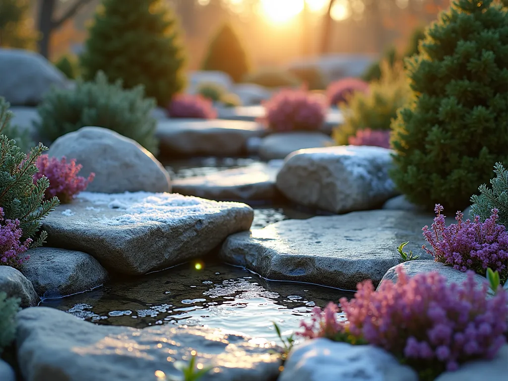 Four-Season Alpine Rock Garden - A tranquil, naturalistic rock garden photographed at golden hour, featuring layered granite and slate rocks of varying sizes and earthy colors. The garden showcases dwarf evergreen conifers, winter-flowering hellebores, and autumn-blooming sedums. Snow-dusted rocks provide texture, while colorful heathers add purple and pink hues. Crystal-clear water droplets glisten on rocks with intricate patterns and striations. Professional landscape photography style, dramatic lighting, deep depth of field, 4K resolution.