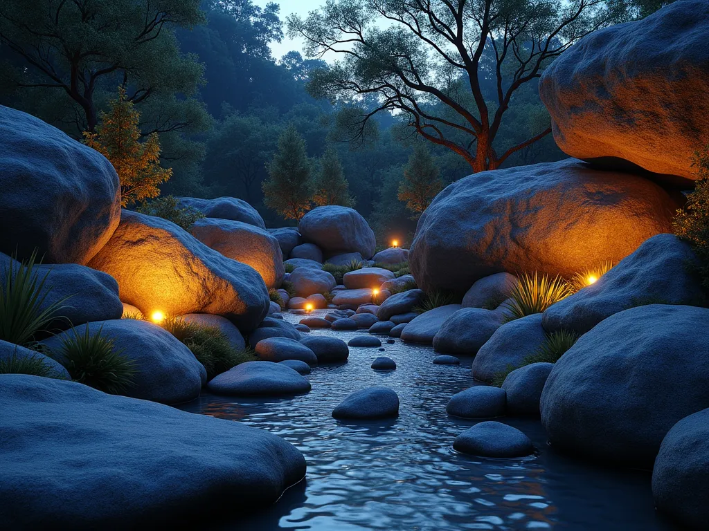 Enchanted Night Rock Garden - A serene evening scene of a contemporary rock garden with large natural stone formations beautifully illuminated by strategically placed warm LED lights. Dramatic uplighting casts intricate shadows on textured boulders, while hidden LED strip lights beneath overhanging rocks create a mystical blue-white glow. The lighting creates depth and dimension, highlighting the various levels and textures of the rocks. Gentle lighting reflects off smooth river rocks in the foreground, with subtle moonlight filtering through overhead branches, photorealistic style, 8k quality