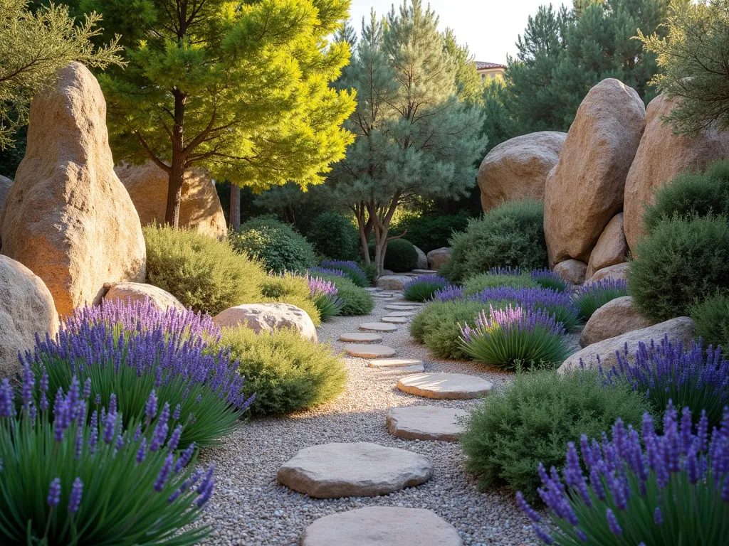 Sun-Drenched Mediterranean Rock Garden - A serene Mediterranean rock garden under golden sunlight, featuring weathered limestone rocks artfully arranged in tiers. Clusters of vibrant purple lavender and cascading rosemary spill over rough-hewn stones. Fragrant thyme creates soft carpets between rocks, while gravel pathways wind through the garden. Natural rock formations create intimate planting pockets bathed in warm light, with architectural Mediterranean plants adding height and structure. Photorealistic, soft afternoon lighting, high-end landscape photography style.