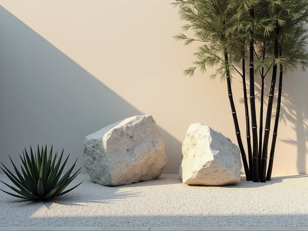 Zen-Inspired Minimalist Rock Garden - A serene minimalist rock garden photographed in soft natural light, featuring three large angular granite specimens strategically placed on a bed of white crushed gravel. A single dramatic black bamboo plant creates a bold vertical accent. The composition follows the rule of thirds, with clean lines and negative space. The rocks cast subtle shadows on the pristine gravel, creating a contemplative atmosphere. Architectural agave plants are sparingly placed, their geometric forms complementing the rock formations. Photorealistic, high-end landscape photography style, f/8, golden hour lighting.