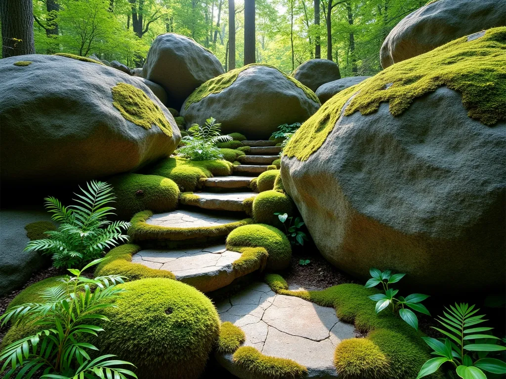 Enchanting Moss-Covered Rock Garden - A serene woodland garden scene featuring large, weathered granite boulders artfully arranged in dappled shade, covered in thick, emerald-green moss. Natural stone steps wind between the rocks, also adorned with velvet-like moss patches. Delicate maidenhair ferns and Japanese painted ferns emerge from crevices, while cushions of star moss create a soft green carpet below. Filtered sunlight creates a magical atmosphere with gentle shadows, highlighting the textural interplay between smooth stones and lush moss. Composition in natural earth tones and various shades of green, captured in high detail, photographic style.