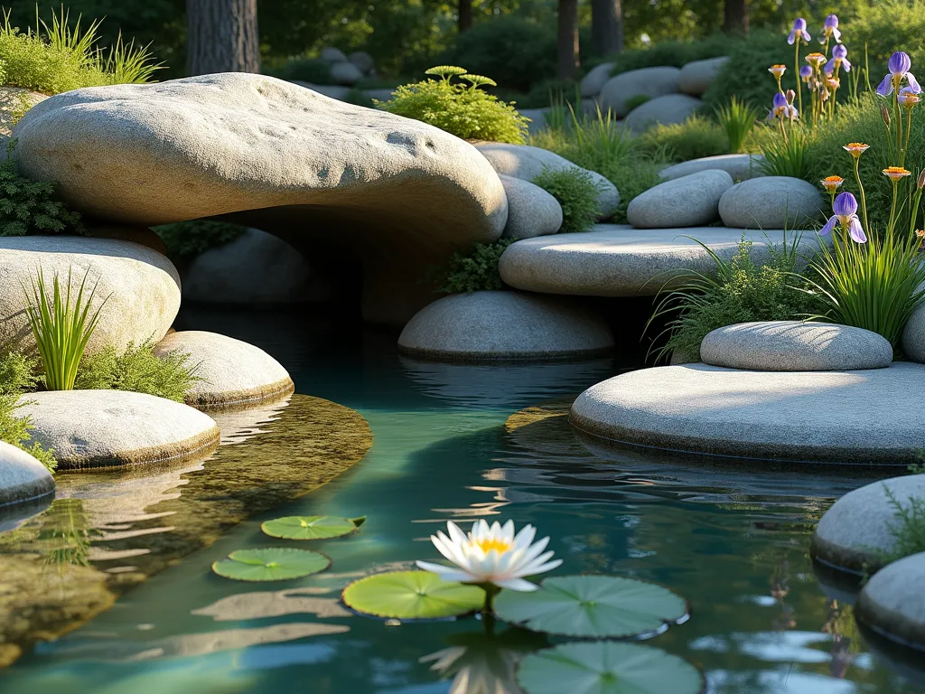 Natural Rock-Edged Garden Pond - A serene garden pond with naturally layered granite and limestone rocks of varying sizes creating a naturalistic edge, photographed in soft afternoon light. Crystal-clear water reflects the sky, with water lilies and marsh marigolds blooming at the margins. Large flat stones cascade down to the water's edge, creating small caves and overhangs. Japanese iris and ornamental grasses peek between the rocks. Soft moss covers parts of the stones, with small ferns growing in the crevices. The scene is composed with a focal point of a large weathered boulder, creating a peaceful, Japanese garden aesthetic. Hyperrealistic, high detail, f/8, nature photography style.