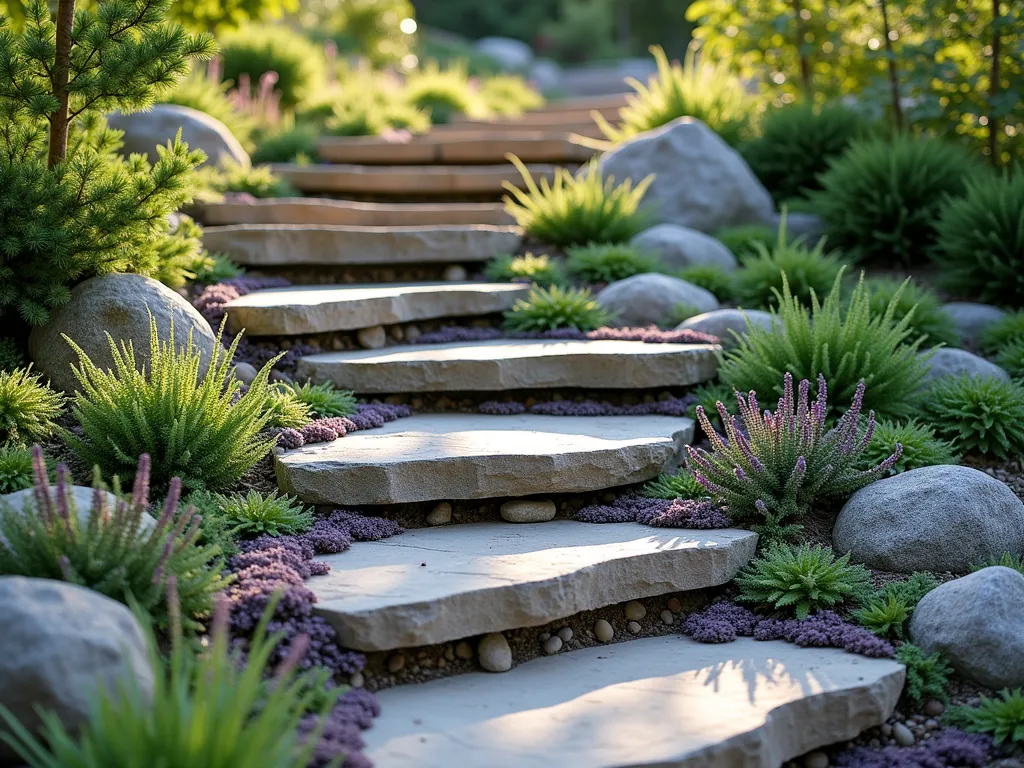 Natural Stone Garden Steps with Creeping Thyme - A serene garden stairway made of natural flat stone slabs arranged as steps, ascending gently through a landscaped slope. Lush creeping thyme cascades between the stone treads, creating soft, purple-flowering edges. Alpine plants and small decorative rocks line both sides of the steps, featuring compact sedums and saxifrages. The stairs are photographed in warm, late afternoon sunlight, creating subtle shadows that highlight the natural texture of the stones. The overall composition appears organic and well-established, with a mix of gray and earth-toned rocks complementing the greenery. Photography angle is from the bottom of the steps looking up, showing the beautiful integration of hardscape and plants.