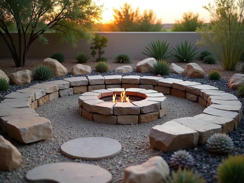 Rustic Rock Garden Fire Pit Retreat - A serene outdoor living space featuring a circular stone fire pit made of rugged granite blocks, surrounded by natural boulder seating arranged in a crescent shape. The fire pit area is nestled within a thoughtfully designed rock garden with layers of smooth river rocks and gravel for drainage. Desert-adapted plants like ornamental grasses, sedums, and small succulents are strategically placed between rocks, creating a harmonious blend. The scene is captured during golden hour, with warm light casting long shadows across the textured stones, and small flames dancing in the fire pit. The overall composition suggests a cozy, intimate gathering space with a natural, organic feel.