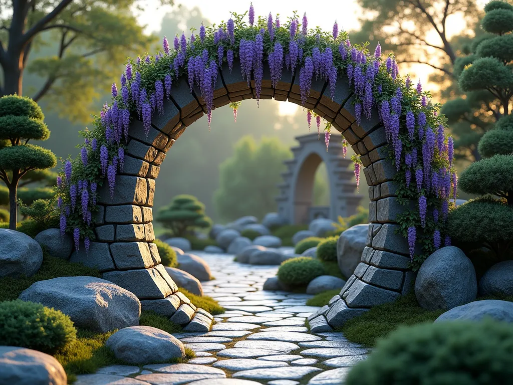 Enchanting Stone Moon Gate Garden Entrance - A magical circular stone archway moon gate in a serene garden setting, masterfully crafted from natural stone blocks. The archway is adorned with cascading purple wisteria and climbing roses. Leading through the gate is a winding stone path surrounded by artfully arranged boulders and rock formations. Soft evening lighting casts gentle shadows, creating a mystical atmosphere. Japanese forest grass and small evergreen shrubs soften the base of the structure. The scene captures a perfect balance between architectural precision and natural wilderness.