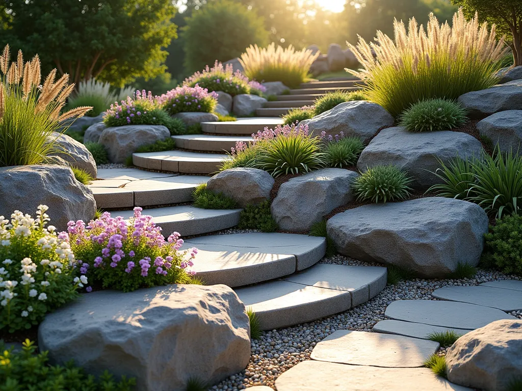 Multi-Level Terraced Rock Garden with Alpine Plants - A serene terraced rock garden with three distinct levels created by natural-looking granite boulders and flagstone. The terraces cascade down a gentle slope, each level adorned with different vegetation. The lowest level features purple and white creeping phlox spilling over rocks, the middle showcases ornamental fountain grasses catching golden sunlight, and the top level displays hardy succulents and alpine plants. Natural stone steps wind through the levels, while small pebbles and gravel provide drainage. Captured during golden hour with soft lighting highlighting the textures of the weathered stones. Photorealistic, high detail, landscape photography style.