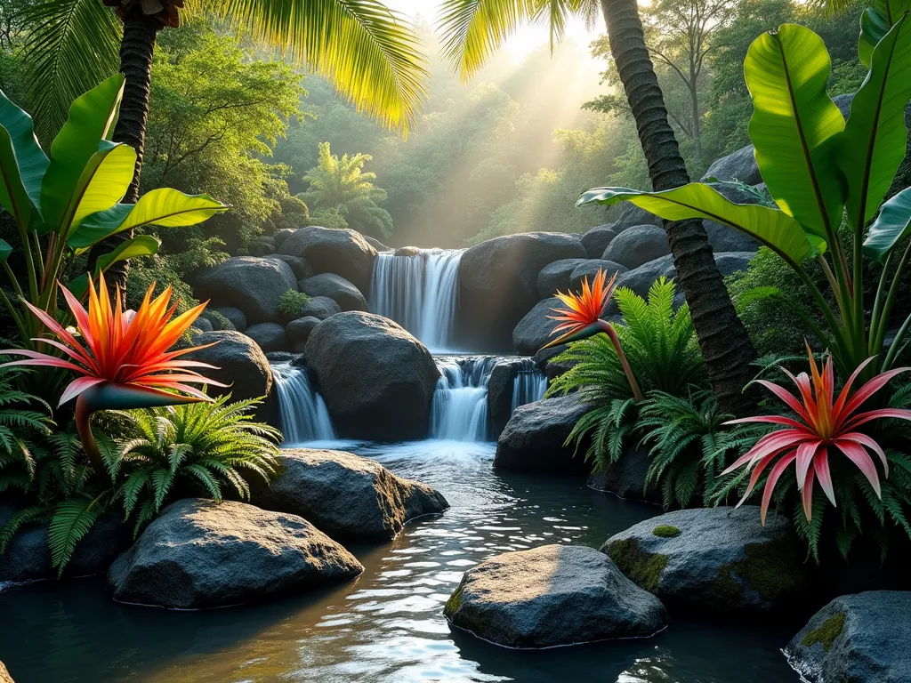 Luxuriant Tropical Rock Garden Paradise - A stunning tropical rock garden featuring dark volcanic boulders and basalt rocks artfully arranged around a gentle cascading waterfall. Large-leaved Elephant Ears, Bird of Paradise, and vibrant red Heliconia contrast dramatically against the black rocks. Lush green ferns cascade over rock edges while moss-covered stones create a natural, humid atmosphere. Gentle mist rises from the water feature, catching golden sunlight filtering through palm fronds above. Photorealistic, high detail, natural lighting, landscape photography style.