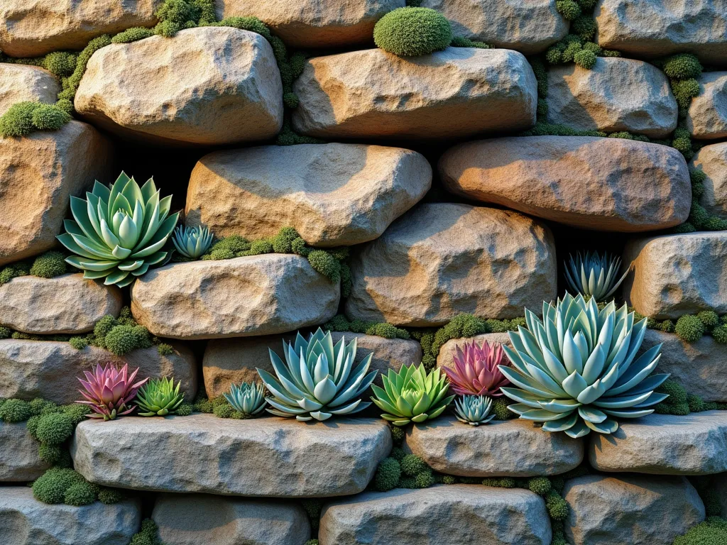 Vertical Succulent Rock Wall Garden - A stunning vertical garden wall made of natural stacked stones and boulders, featuring multiple levels and natural crevices filled with colorful succulent plants. The wall showcases various textures and sizes of succulents in blues, greens, and pink hues, including Echeveria, Sedum, and Sempervivum. Soft natural lighting highlights the dimensional qualities of the rocks and plants, creating dramatic shadows. The wall has a rustic yet modern aesthetic, with moss and smaller plants growing between the stone gaps. Photorealistic, high detail, warm sunset lighting.