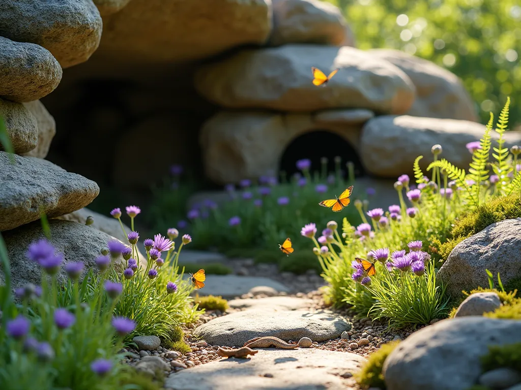 Wildlife-Friendly Rock Garden Sanctuary - A sunlit natural rock garden with layered stone formations creating small caves and hideaways, featuring native wildflowers in purple and yellow blooms scattered among moss-covered rocks. Butterflies hover over the flowers while a small lizard basks on a warm stone. Natural stone crevices house beneficial insects, with delicate ferns growing from the gaps. The scene is captured in soft morning light with a shallow depth of field, creating a dreamy, enchanted atmosphere.