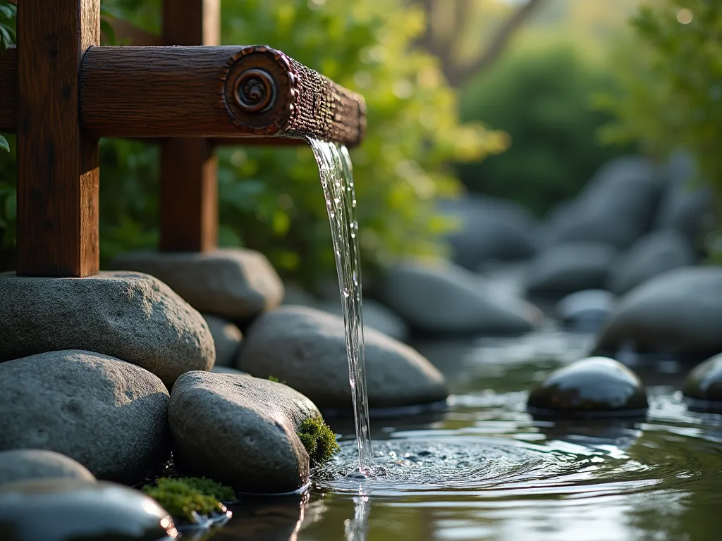 Zen Rain Chain Rock Garden - A serene Japanese-inspired garden scene featuring an ornate copper rain chain descending from a wooden beam, cascading into a meticulously arranged rock garden below. The catchment area consists of smooth river rocks graduating from large to small, creating a natural-looking stream bed. The rocks transition from grey to deep charcoal, glistening with water droplets. Soft natural lighting enhances the peaceful atmosphere, with tiny water ripples reflecting light. Small clusters of moss peek between the rocks, adding organic texture. Photorealistic, high detail, 4K resolution, architectural photography style.